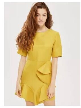 Topshop Frill Front Satin Dress mustard yellow ruffled feminine romantic NEW- 6